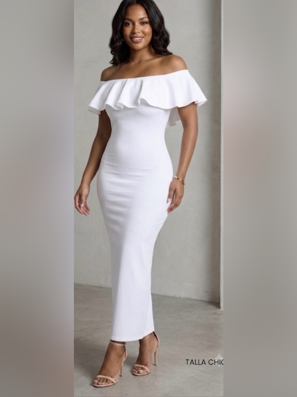 White Ruffle Off The Shoulder Bodycon Midi Dress Size S
